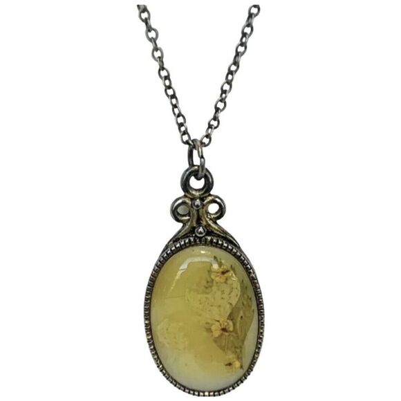 Vintage Yellow Flower Mother Of Pearl Oval Pendant 2 Tier Chain Necklace 21” - Picture 2 of 11